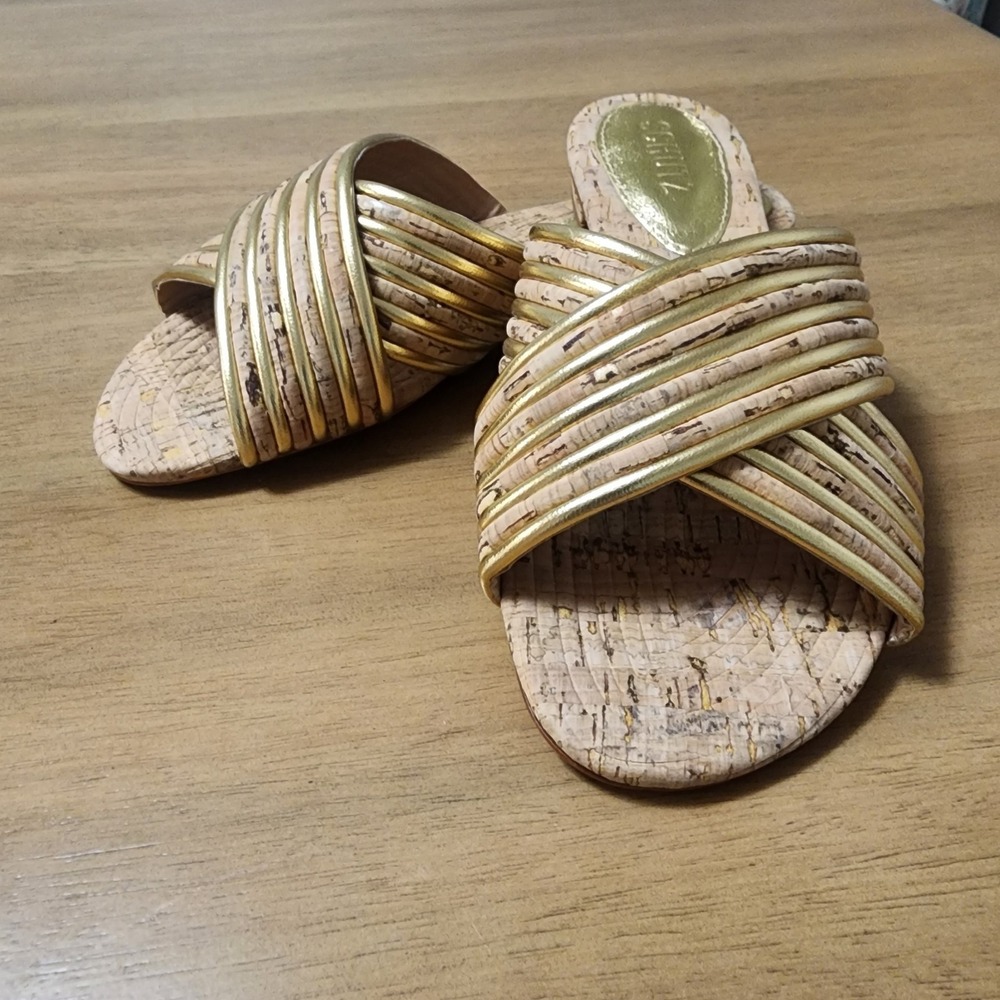 Schutz Latifah Flat Sandal Metallic Gold With Cork Footbed Sz 7b New Slide On